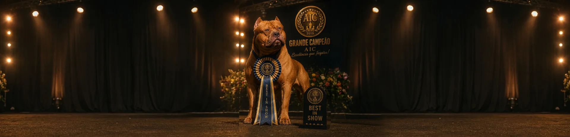 Apollo, campeão premiado da AIC, em pé junto a uma muralha