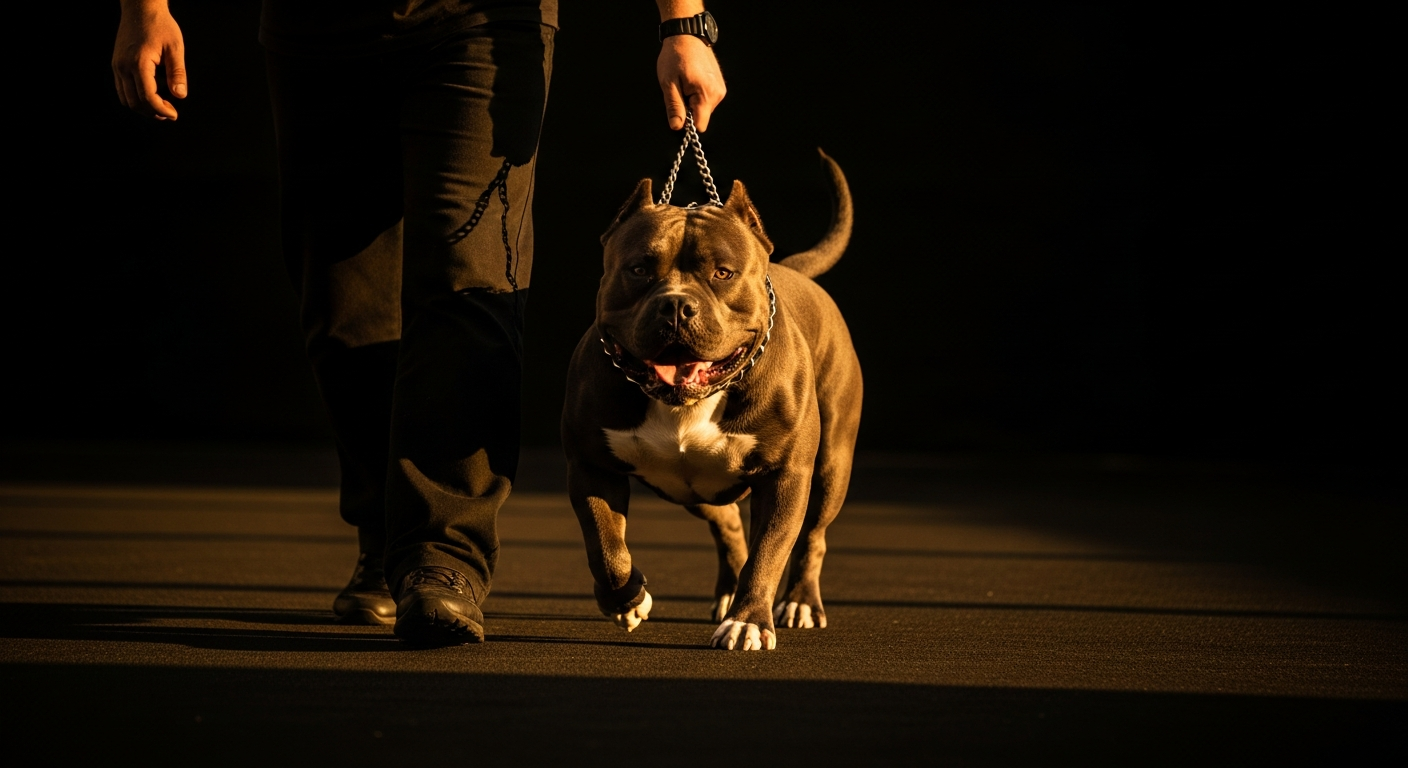 Condutor caminhando com o cão preso à guia, luz lateral quente