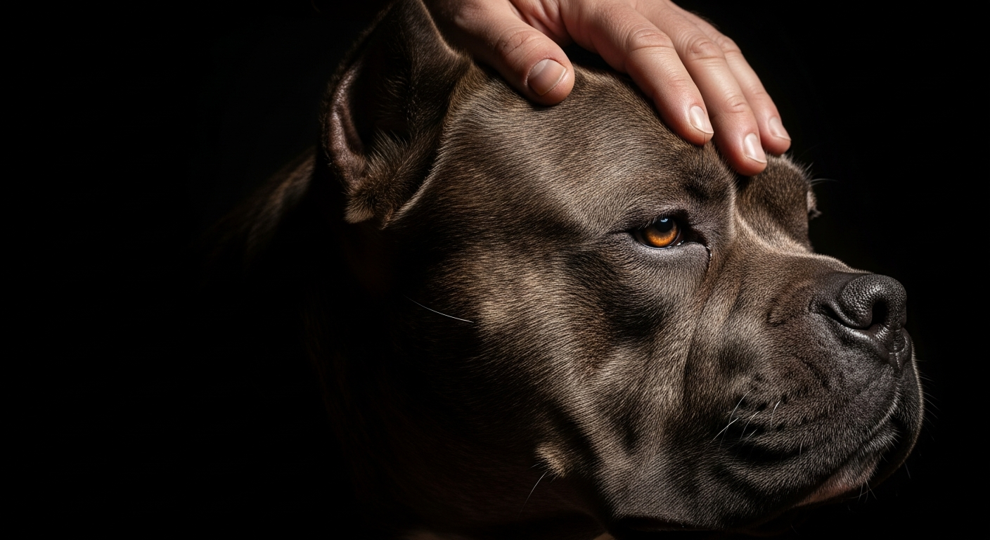 Mão em repouso sobre a cabeça de um cão, o vínculo entre criador e animal