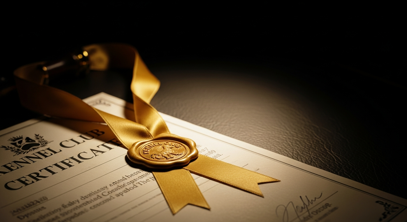 Certificado de registro com selo de lacre dourado e fita, sob luz quente